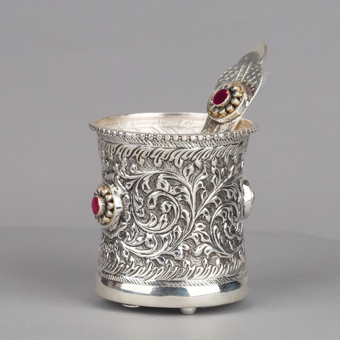 Elegant Silver Floral Themed Panchapatra with Utharni