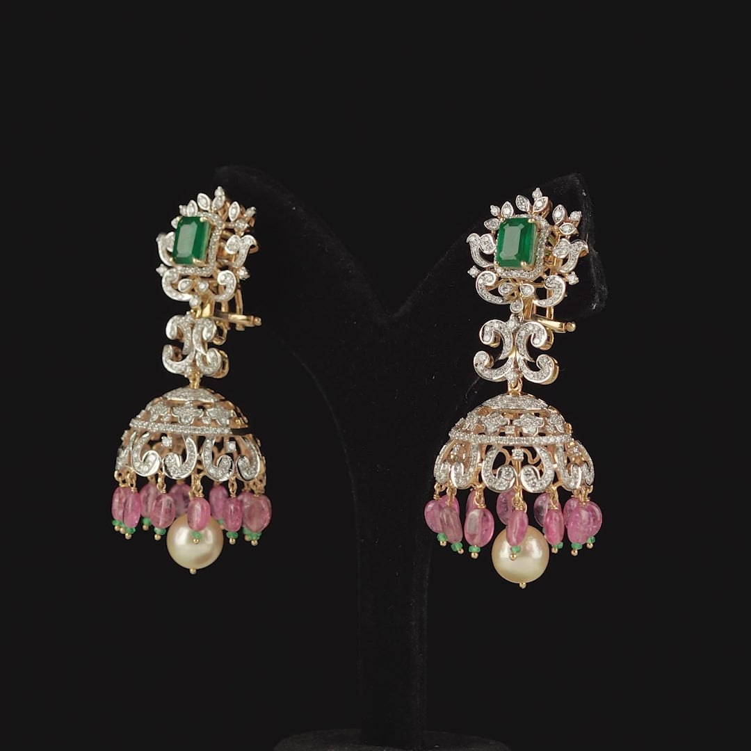 Diamond Jhumka Earrings with Tourmaline Beads
