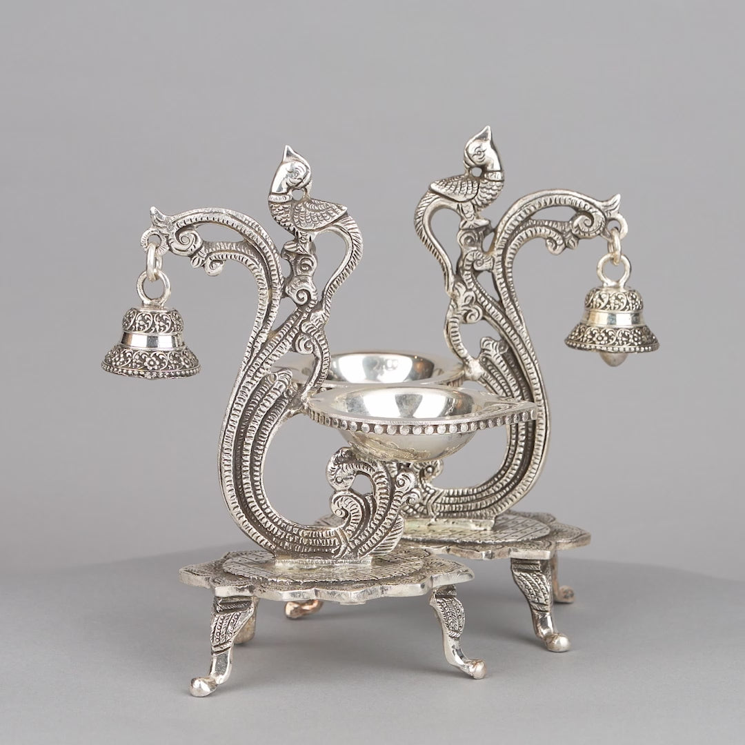 Silver Peacock Diya Stand with Hanging Bell