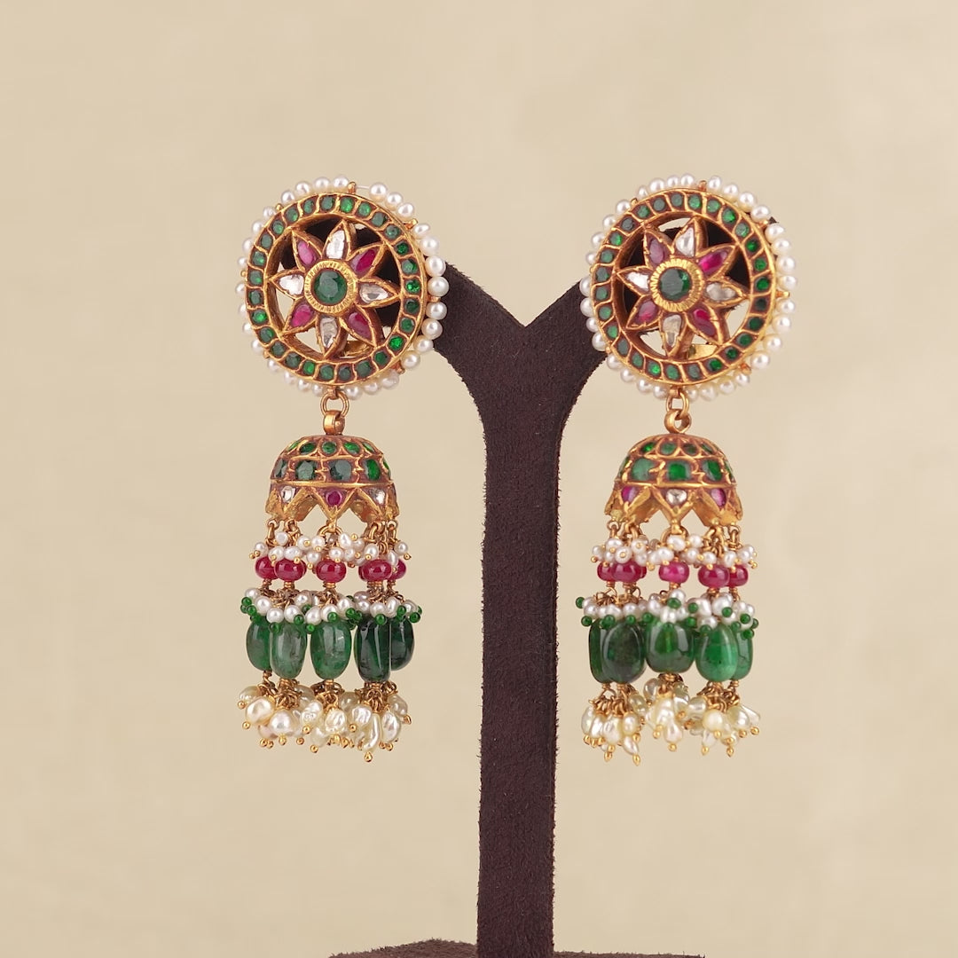 22k Gold Kundan Emeralds and Pearls Earrings