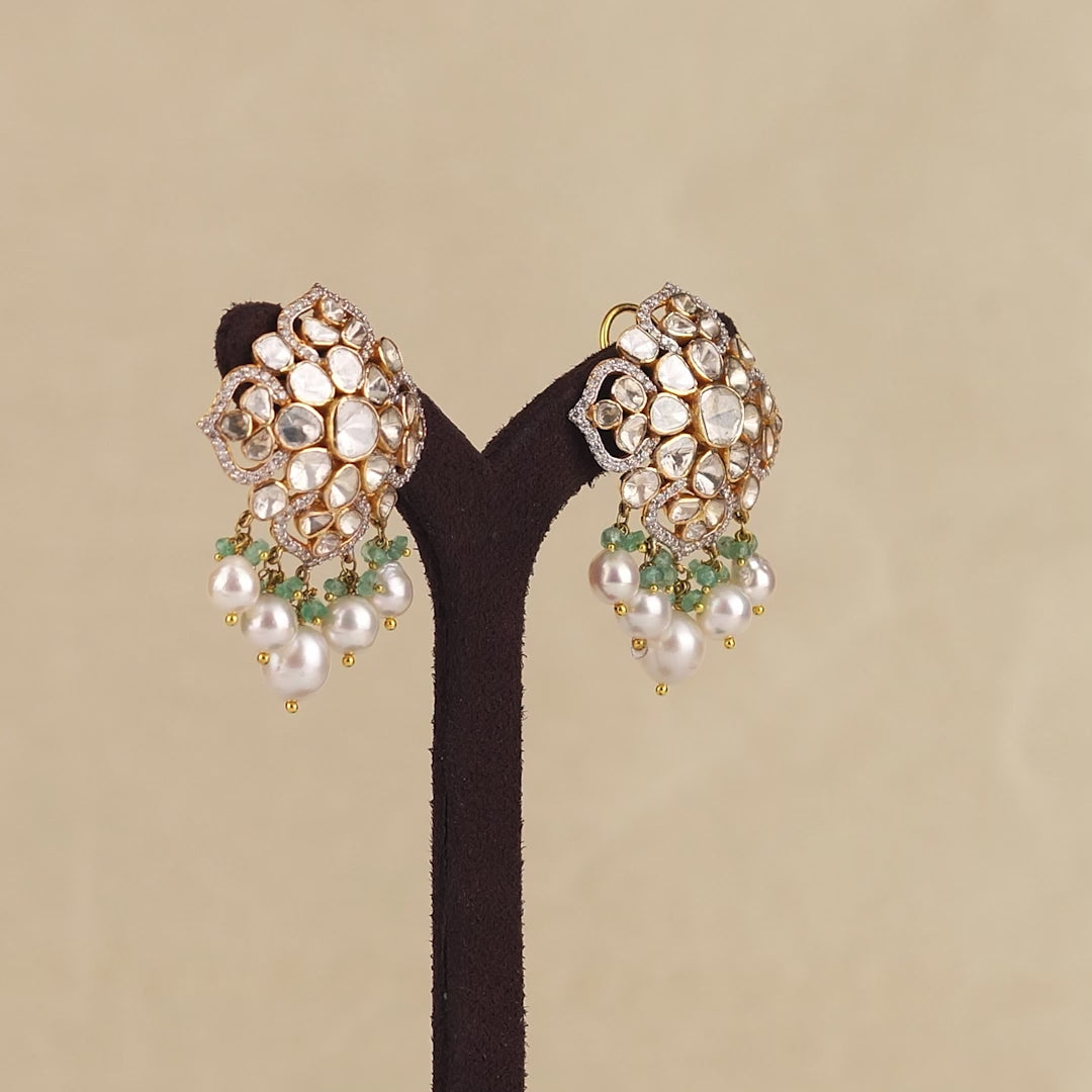 Gold Polki Pearl Emerald Studed Earrings