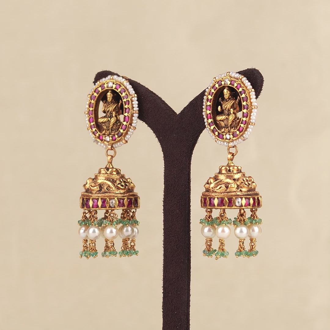 Laxmi Themed 22k Gold Kundan Jhumka Earrings