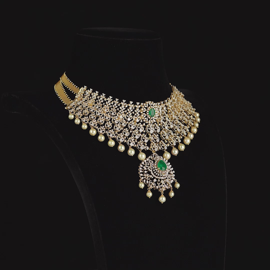 Diamond Broad Choker with hanging pearls