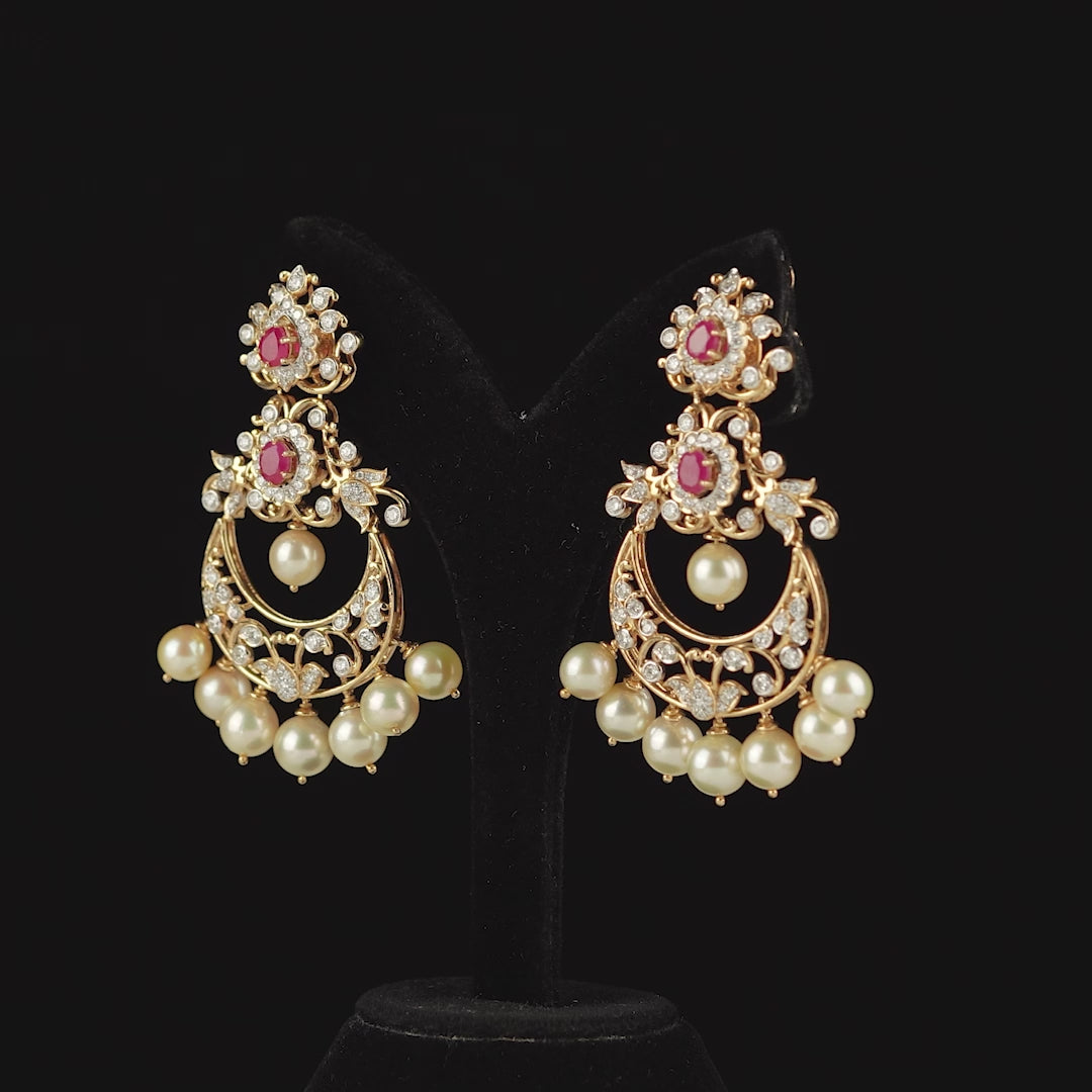 Diamond Chandbali Earrings With Cultured Pearls